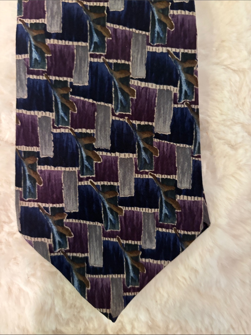 Christopher Reeve Jason Priestley Geometric Pattern Silk Tie in Purple and Blue